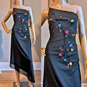 Laundry By Shelli Segal Black Midi Dress with Colorful Floral Embroidery